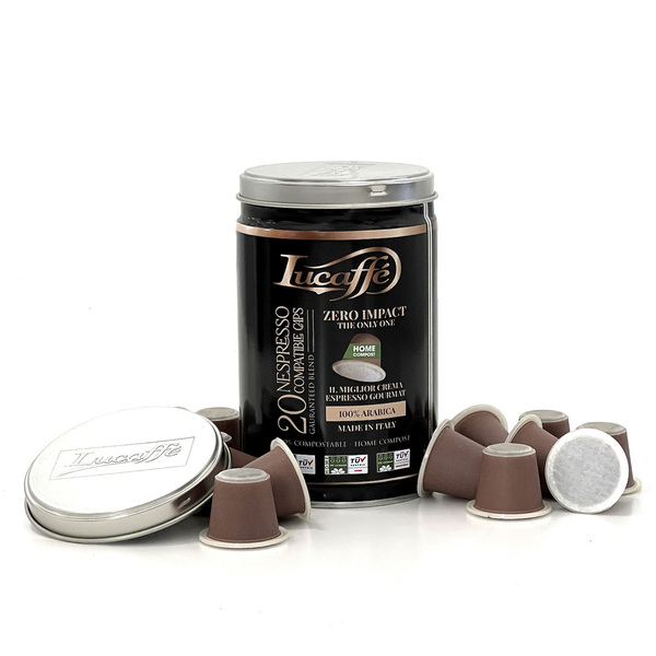 black lucaffe lucapsule tin with pods lying around it